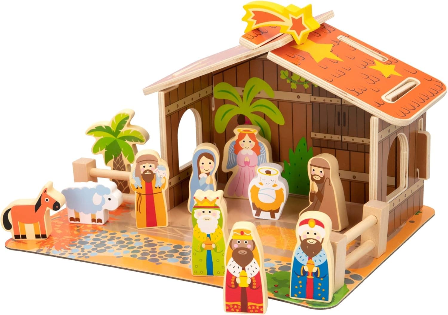 WOOMAX Portal de presépio de madeira infantil, 20 peças, Nascimento de Natal, Pesobre, Reis Magos, para crianças +3 anos, decoração de Natal (46204) 