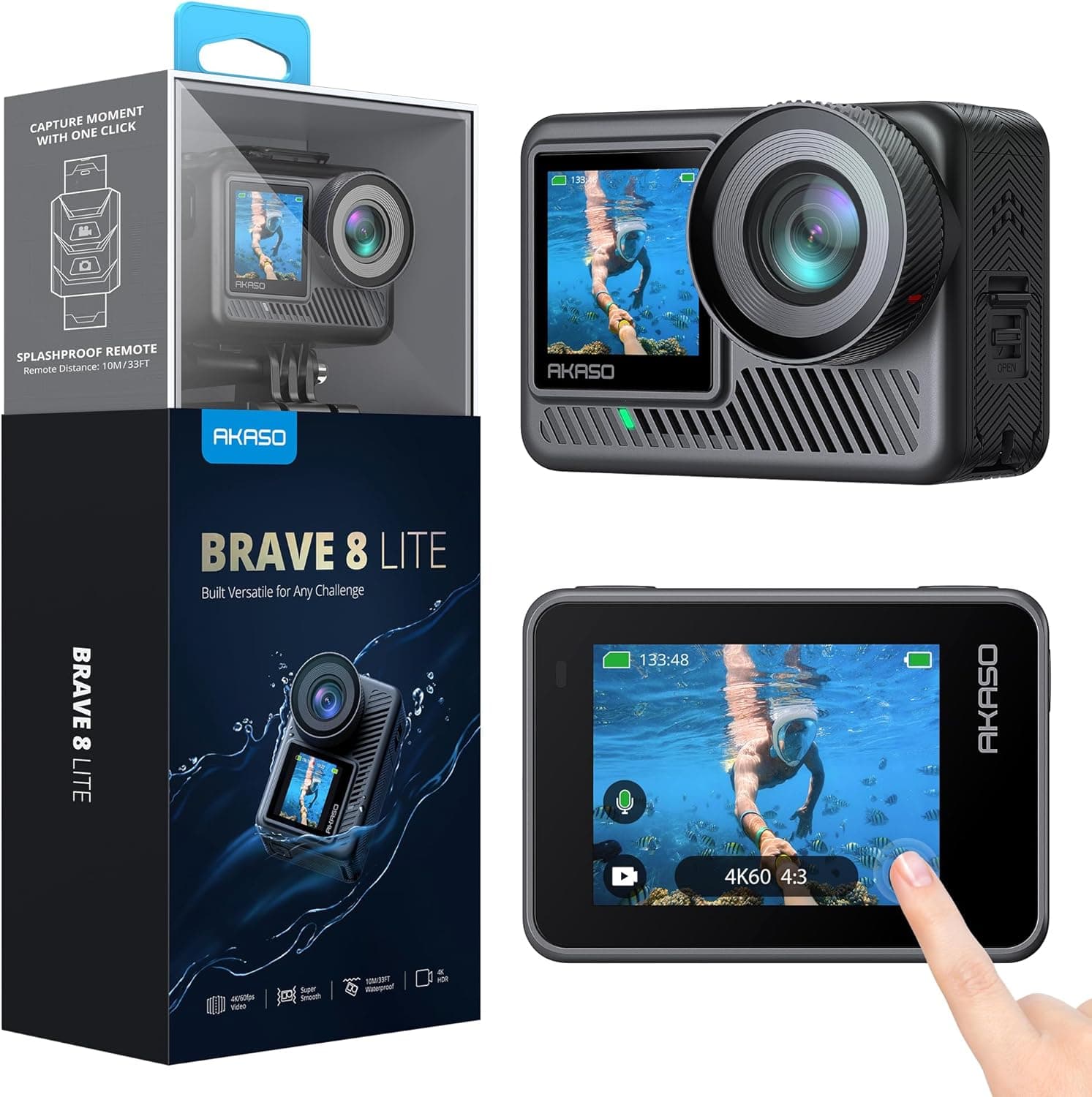 AKASO Brave 8 Lite Câmara desportiva 4K 60FPS WiFi 20 MP câmara de ação com ecrã tátil estabilização SuperSmooth câmara aquática submergível 60 m 4X Zoom baterias 2 x 1550 mAh