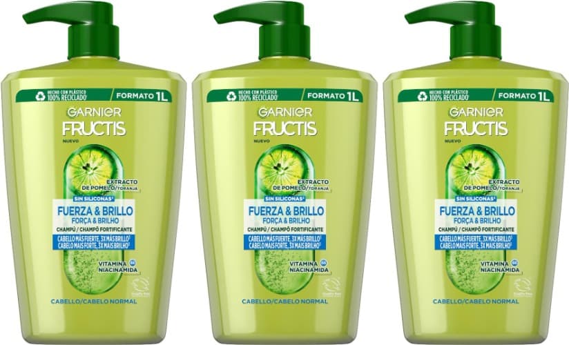 Garnier Fructis Shampoo Frueza e brilho XXL com vitamina B6, niacinamida e extrato de toranja para um cabelo mais forte e brilhante, 1000 ml x 3