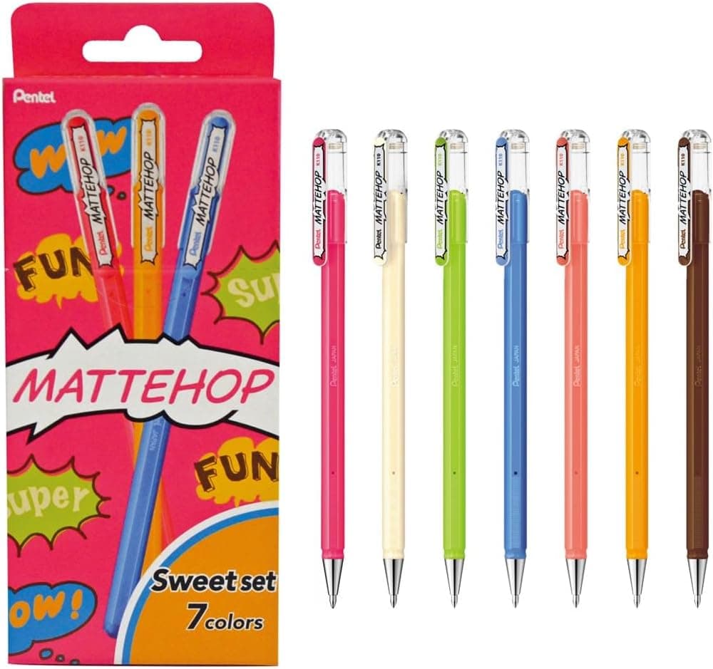 Pentel Mattehop K110-V7STA | Conjunto de 7 canetas de gel com tinta opaca e acabamento mate em cores sortidas