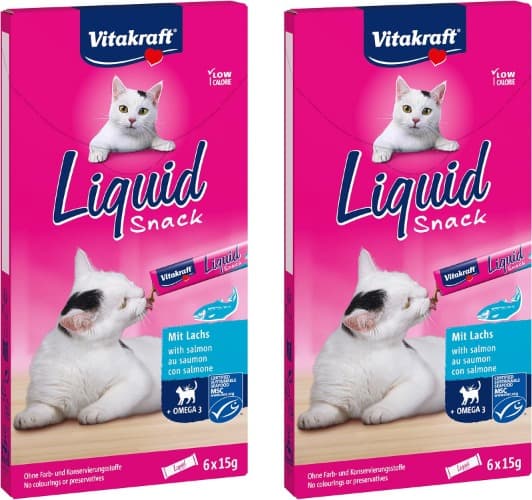 Vitakraft Liquid Snack, snack cremoso para gatos, com salmão e ácidos graxos ómega 3, em saquinhos individuais, para uma pele saudável (2 embalagens de 6 x 15 g)