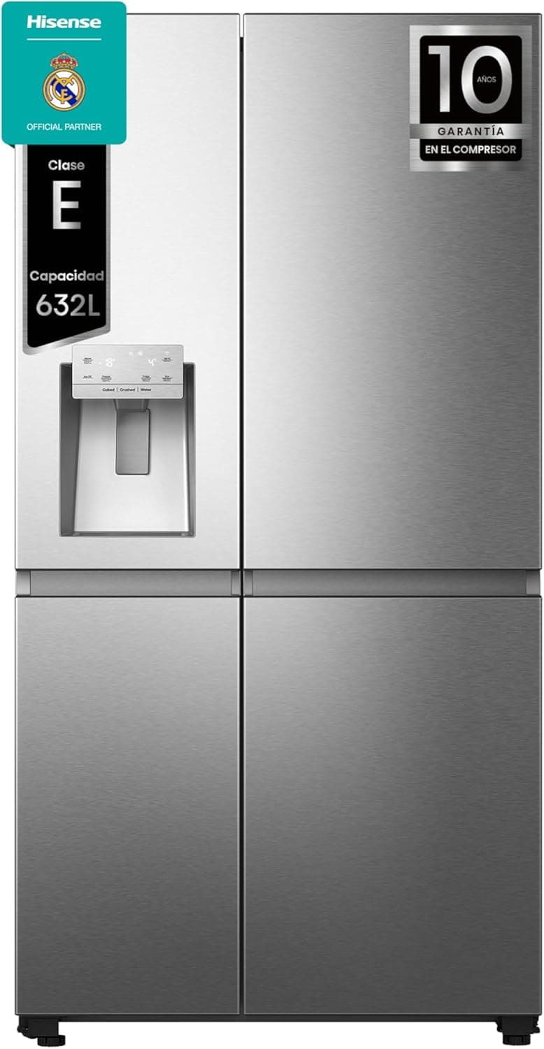 Hisense RS818N4IIE1, Frigorífico americano Side By Side, Class E, 632 L, Altura 179 cm x Largura 91 cm, cor Inox, Multi Air Flow, congelamento rápido, dispensador de água e gelo, Tecnologia Inverter 