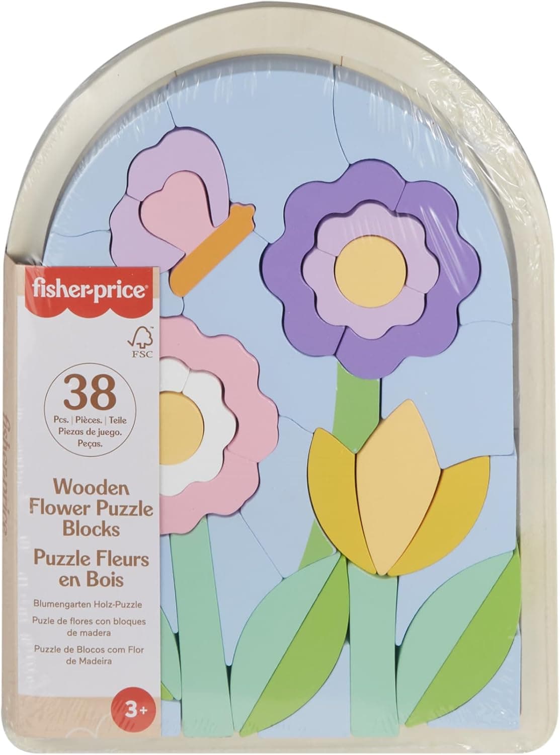 Fisher-Price Puzzle de flores, conjunto de imitação com 38 blocos de madeira com certificação FSC que ajuda a desenvolver motores, presente de brinquedo para meninos e meninas +3 anos, HXT97