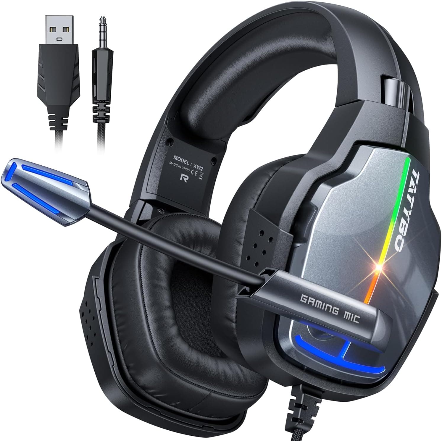 Tatybo Capacetes de jogo, auriculares Gaming com rotação de 90° e 4 modos de iluminação RGB, transdutores de 50 mm, microfone com premium estéreo, compatíveis para Ps4 Ps5 Xboxone PC Switch