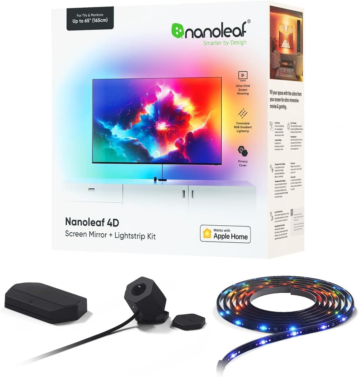 Nanoleaf - Espelho de ecrã 4D kit de tira de luz para TV/TV/telas de até 65 polegadas (165 cm), faixa LED RGBW inteligente câmera, fio e WiFi, funciona com o Alexa Google Apple