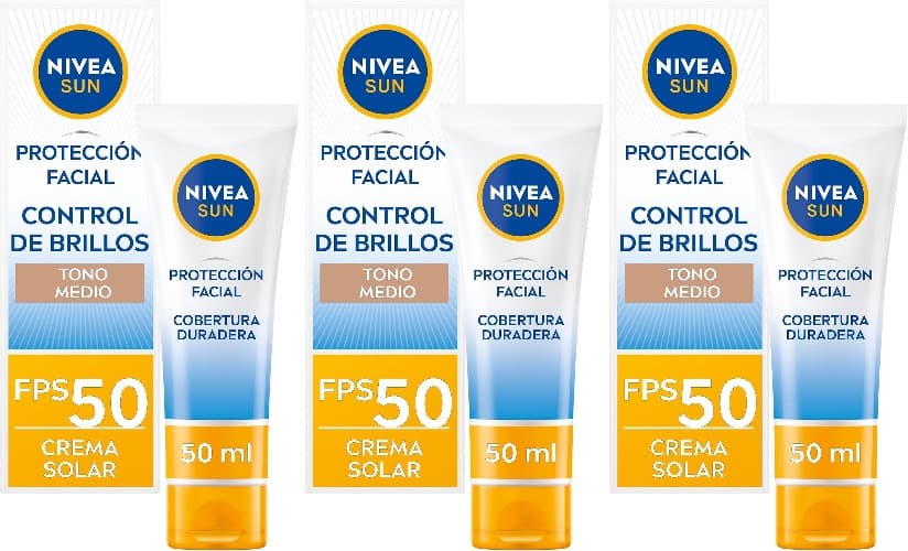 NIVEA SUN – Protetor solar facial FP50 com controlo de brilho, efeito matificante por 12h, textura leve e não oleosa, para pele normal a mista, tom médio, 50 ml