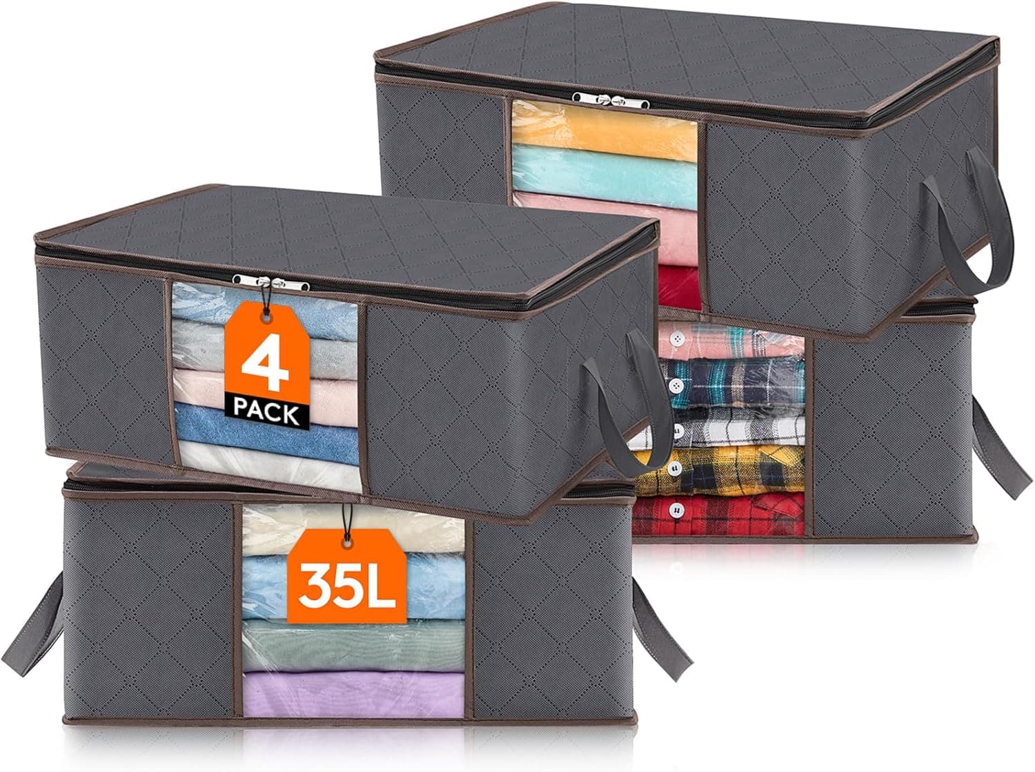 Lifewit Organizador de roupa dobrável com alça reforçada, bolsa de armazenamento de tecido resistente e janela transparente para camisolas, casacos, t-shirts, mantas, embalagem de 4, 35 l, cinzento