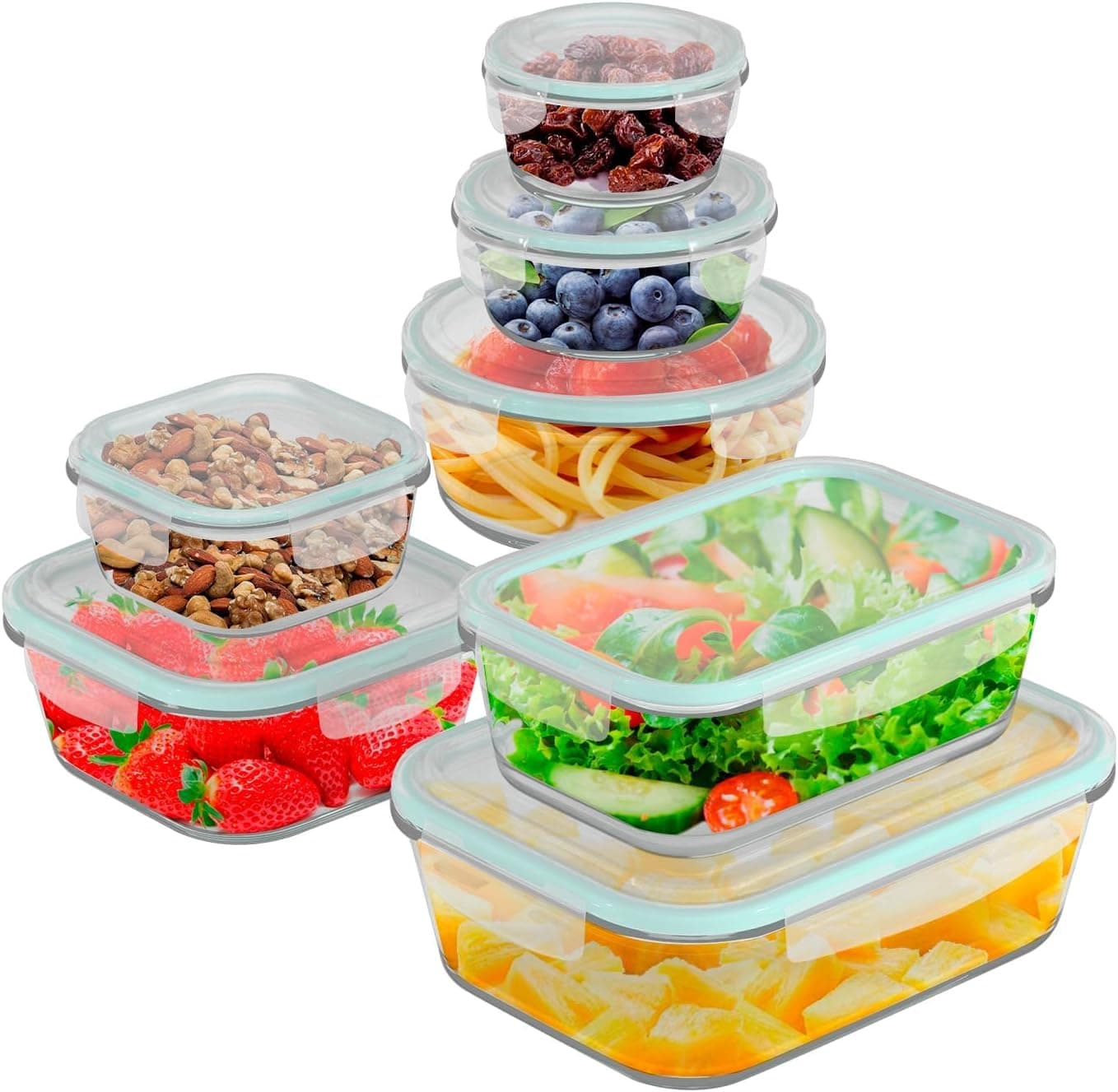 edihome, Recipientes de vidro para alimentos, 14 peças (7 recipientes + 7 tampas), para alimentos ecológicos, adequados para máquina de lavar louça, congelador, microondas, sem BPA (7 recipientes)