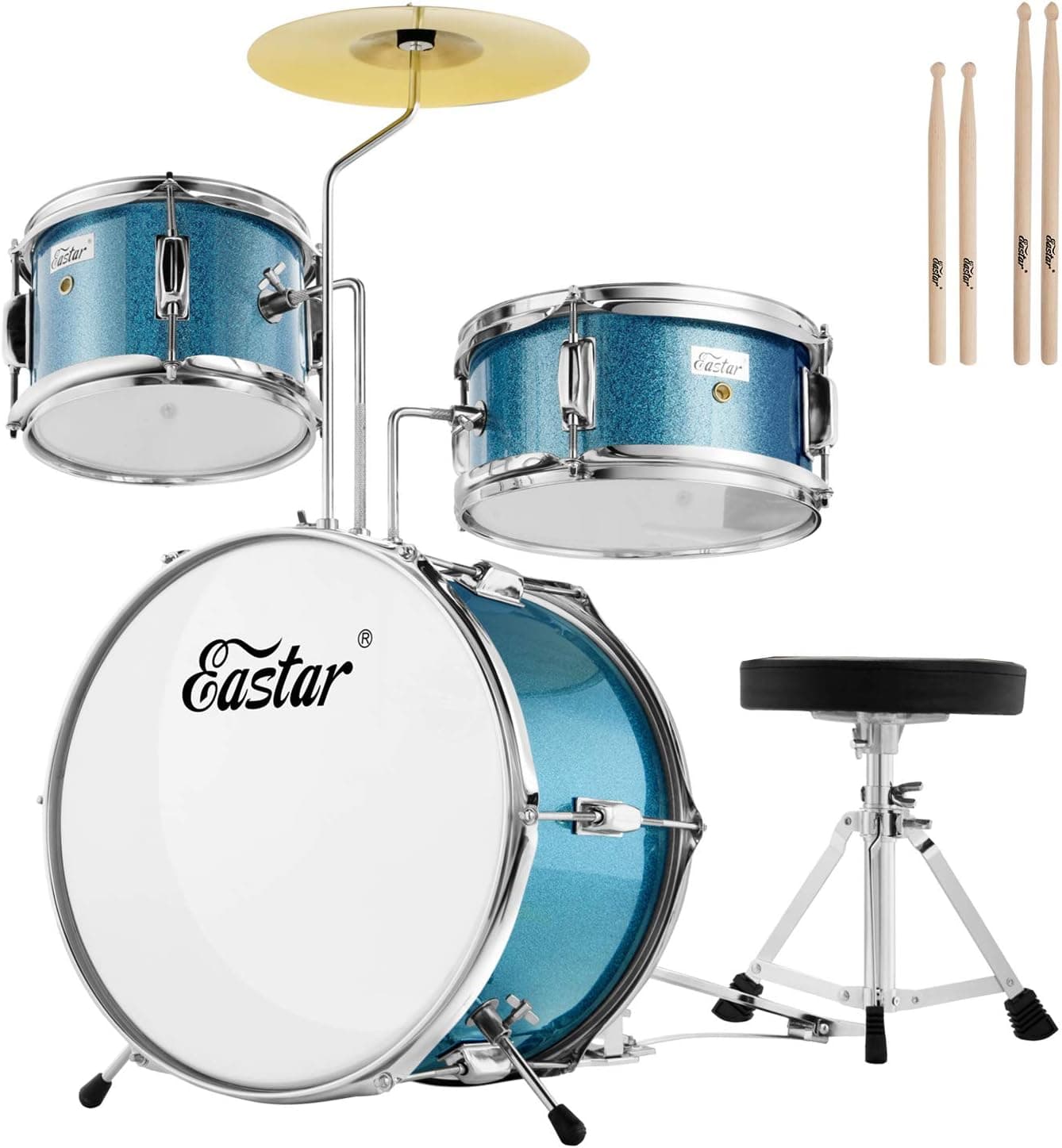 Eastar Bateria júnior de 3 peças de 14 polegadas, conjunto de bateria para crianças com trono, prato, pedal e blusas, céu azul EDS-180SB