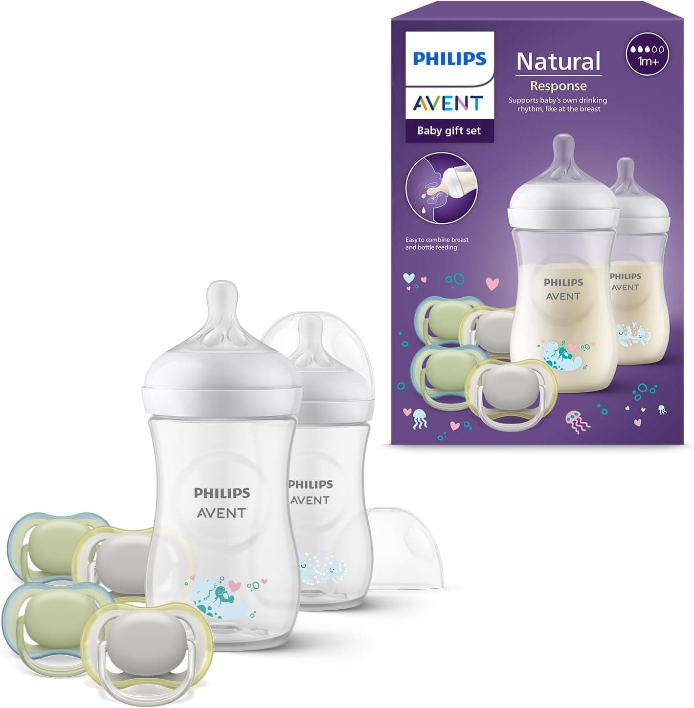 Philips Avent Natural Response - Conjunto de presente para bebés: 2 biberões Natural Response de 260 ml com tetinas T3 (para bebés de 1 mês ou mais) e 4 chupetas Ultra Air (modelo SCD837/13)