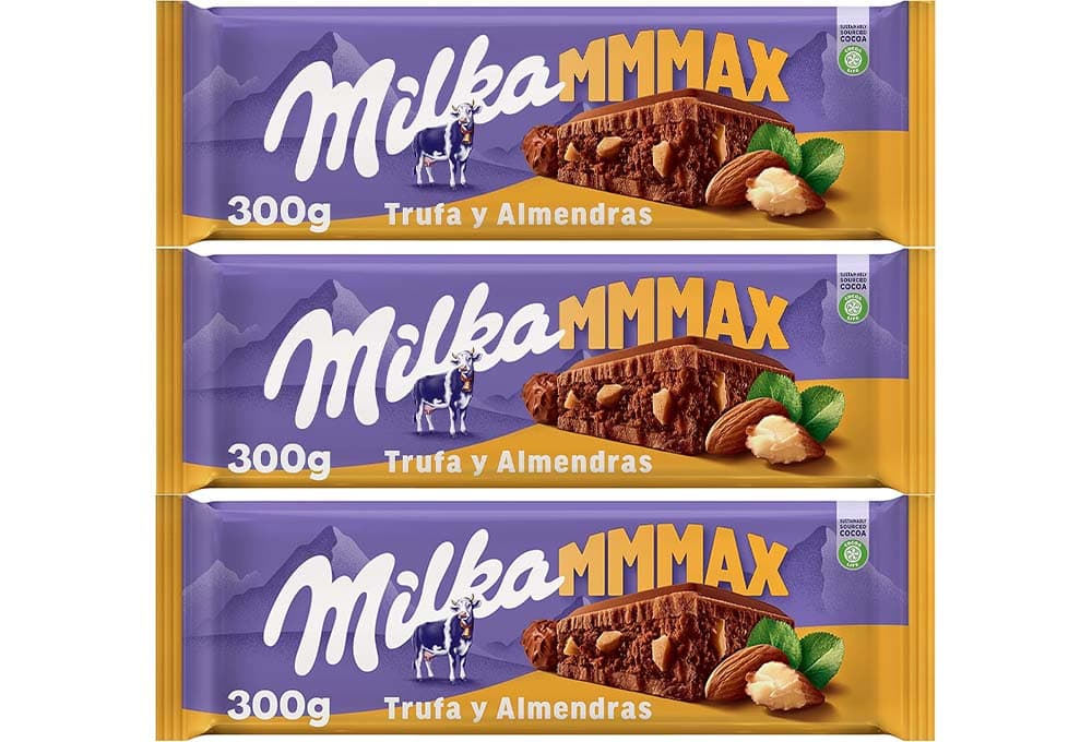 Milka MMMAX Comprimido grande de chocolate com leite dos alpes com pedaços de amêndoas, trufa e enchimento cremoso de amêndoas e cacau 300 g x 3