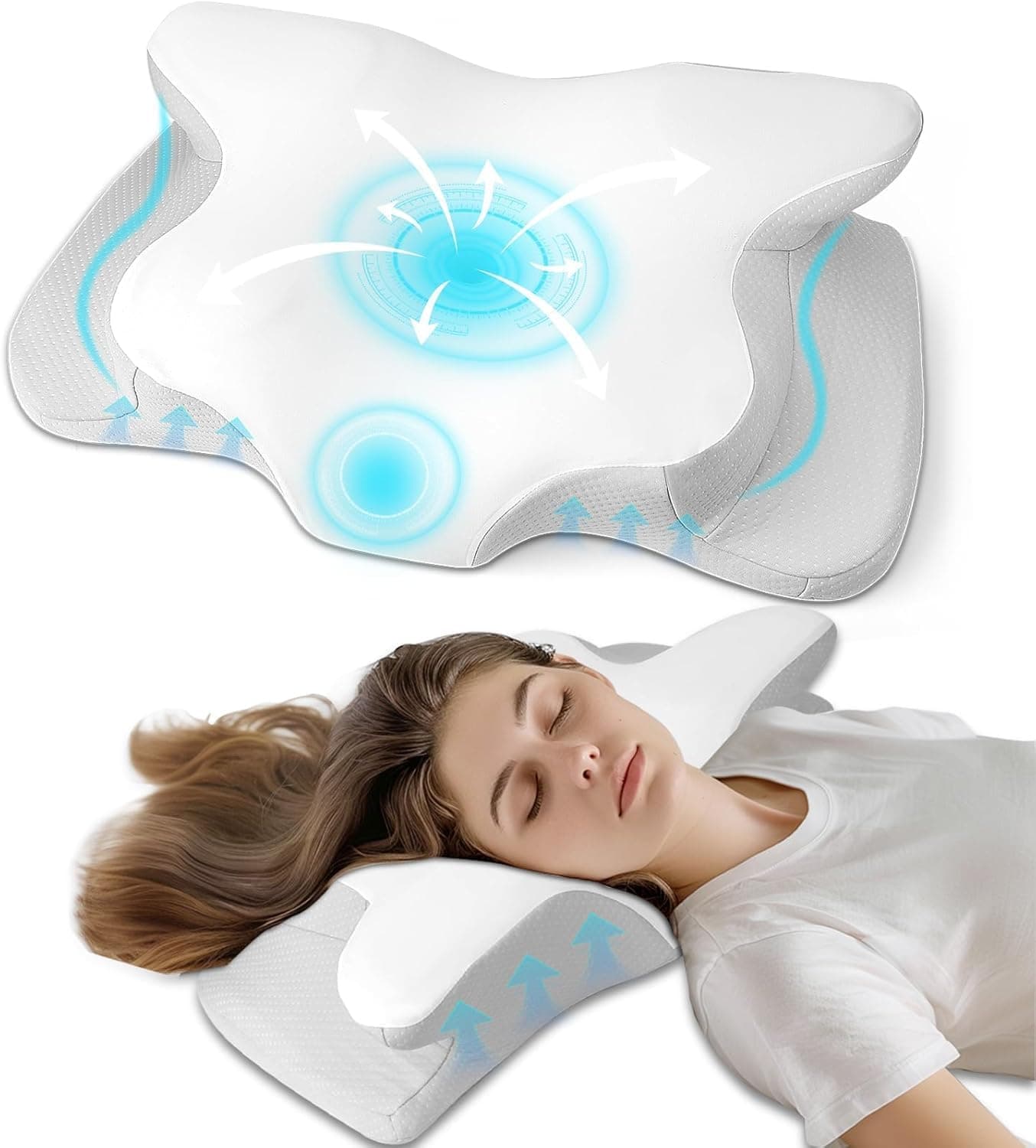 PHYSEN Almofada cervical ergonómica para pescoço, almofada de espuma viscoelástica, almofada ortopédica para dormir de lado, boca para cima ou boca abaixo, 62 x 41 x 13 cm