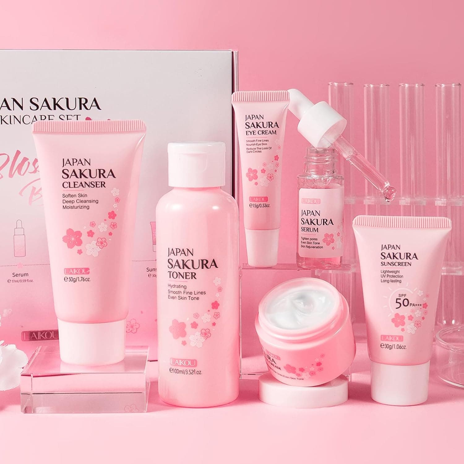 LAIKOU Conjunto de cuidados com a pele Sakura, conjunto presente de cuidados com a pele para mulher, com limpador tom de soro creme para olhos protetor solar