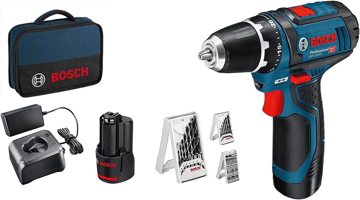 Bosch Professional 12 V System GSR 12 V-15 - parafuso a bateria (30 Nm, conjunto 39 acessórios, 2 baterias x 2,0 Ah, em mala de lona)