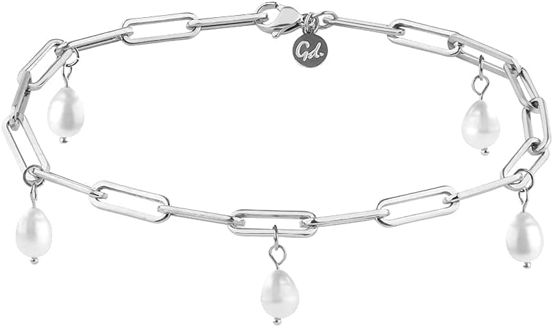 GD GOOD.designs EST. 2015 Tornozeleira com pérolas - impermeável - tornozeleira de pérolas genuínas de água doce para senhoras I corrente de elos de aço inoxidável ouro ou prata I tamanho ajustável, Aço inoxidável
