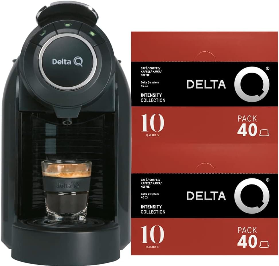 Delta Q - Cafeteira de cápsulas Qool Evolution - cor preta, 19 barras de pressão, capacidade de 1 l - inclui 2 embalagens de 40 cápsulas de café Qalidus de intensidade 10