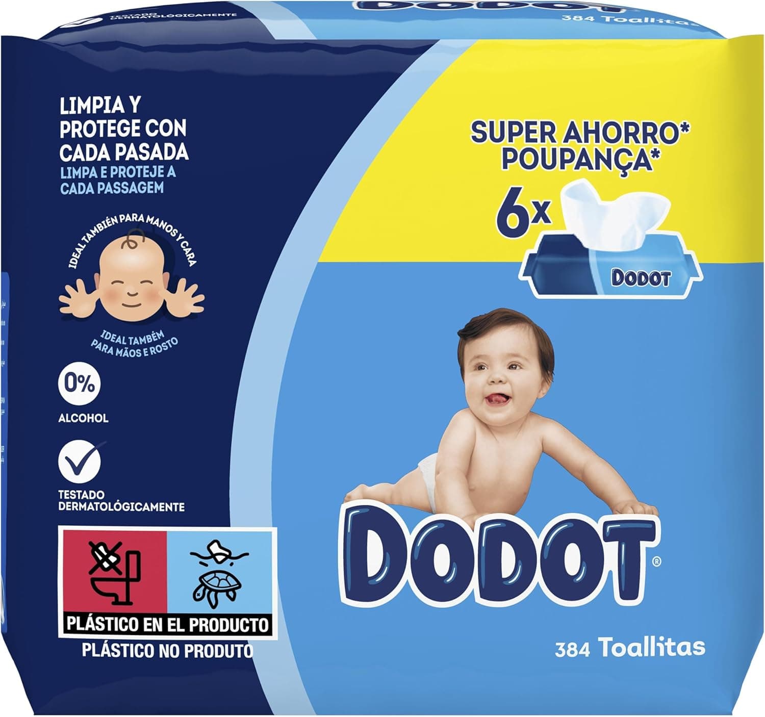 Dodot Toalhetes de bebé secos para bebé, 384 toalhetes, recuperam o pH da pele do bebé (6 embalagens de 64)