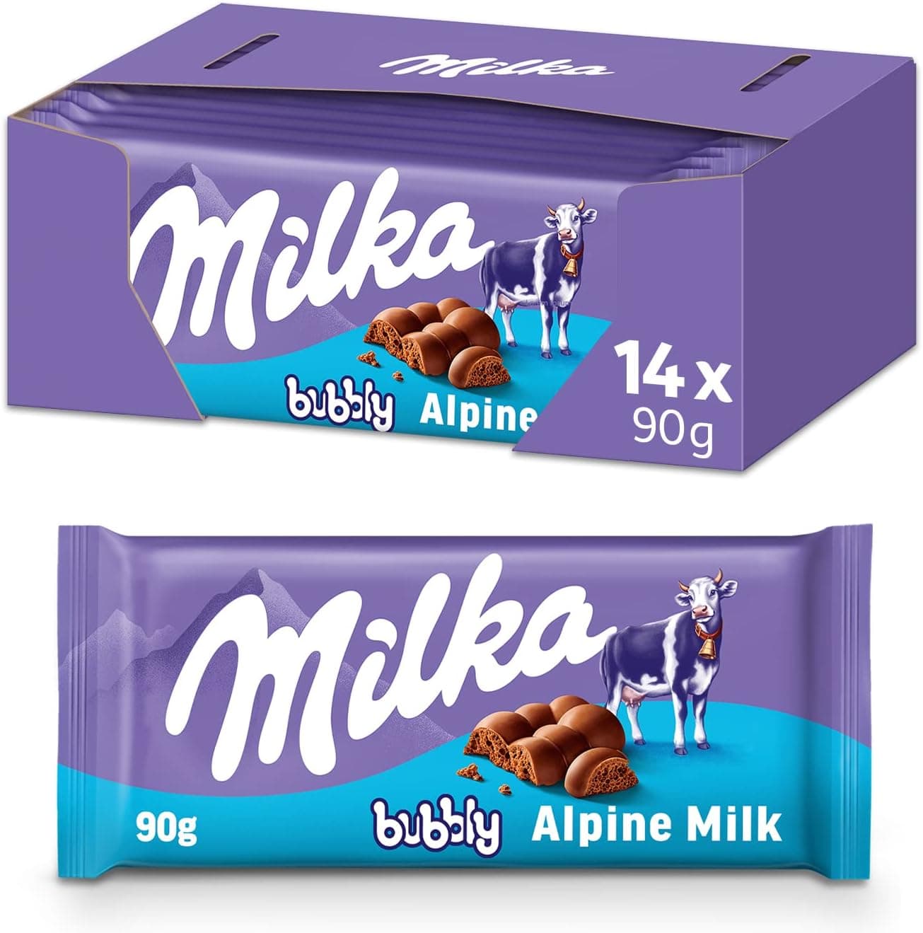 Milka Bubbly | Tabletes de chocolate de leite com textura aerada, pack de 14 x 90 g