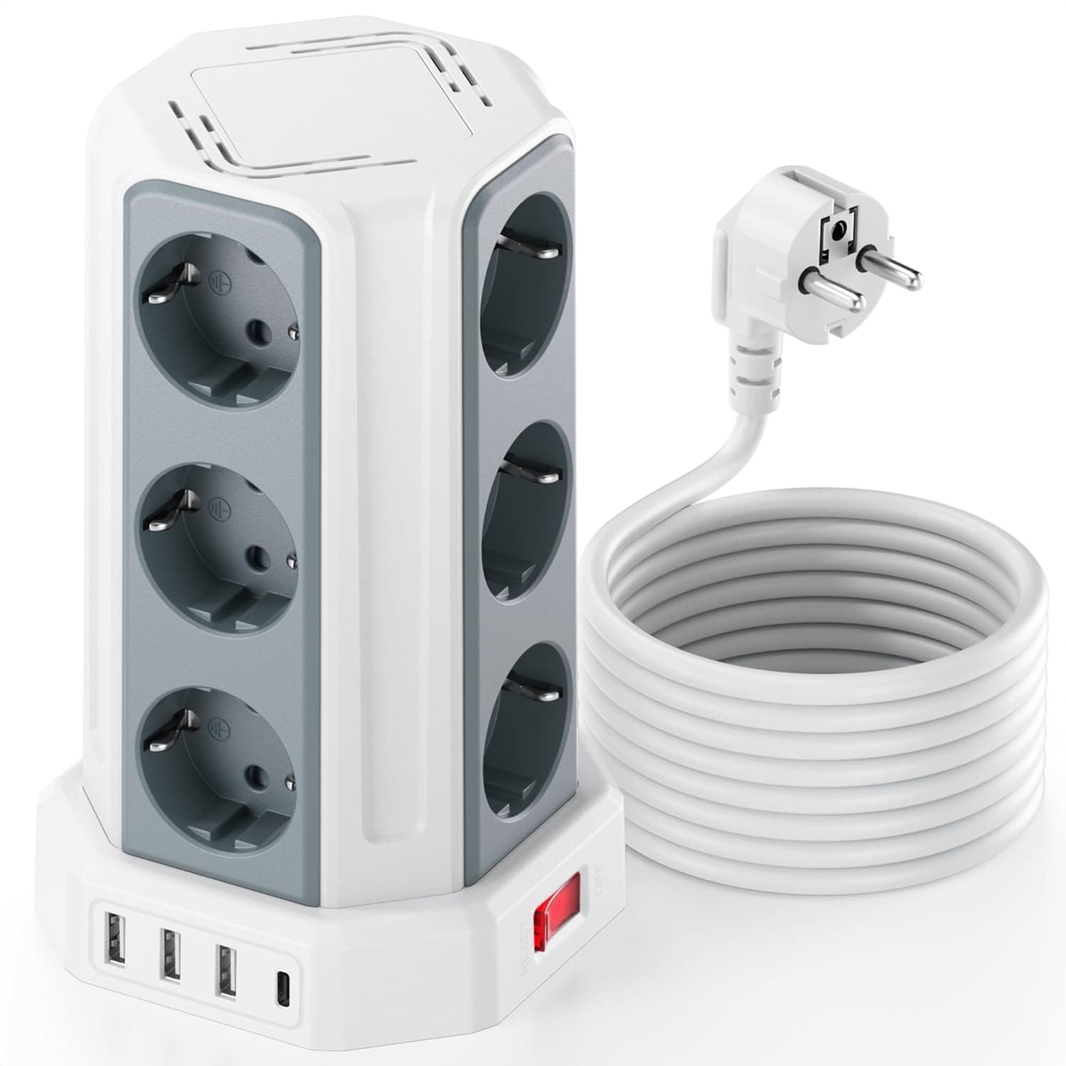 Extensão vertical tomadas de 16 A tomada com 12 tomadas de corrente e 4 rápida USB tomadas proteção contra picos de tensão cabo de extensão de 5 m e tampa de segurança com interruptor para casa