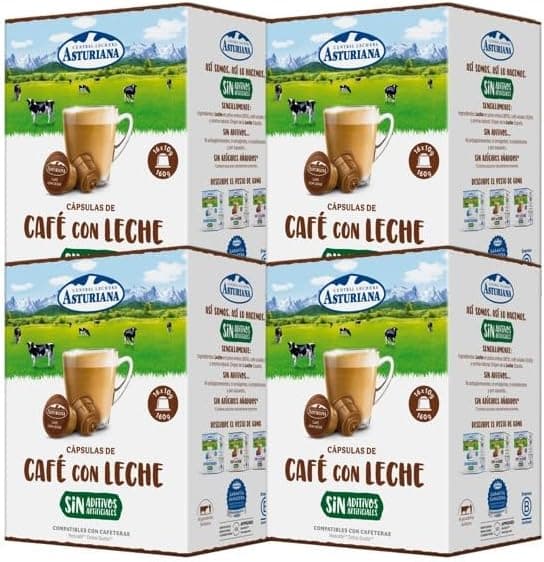 Central Lechera Asturiana | Cápsulas de café com leite inteiro, compatíveis com Dolce Gusto, 4 x 16 unidades