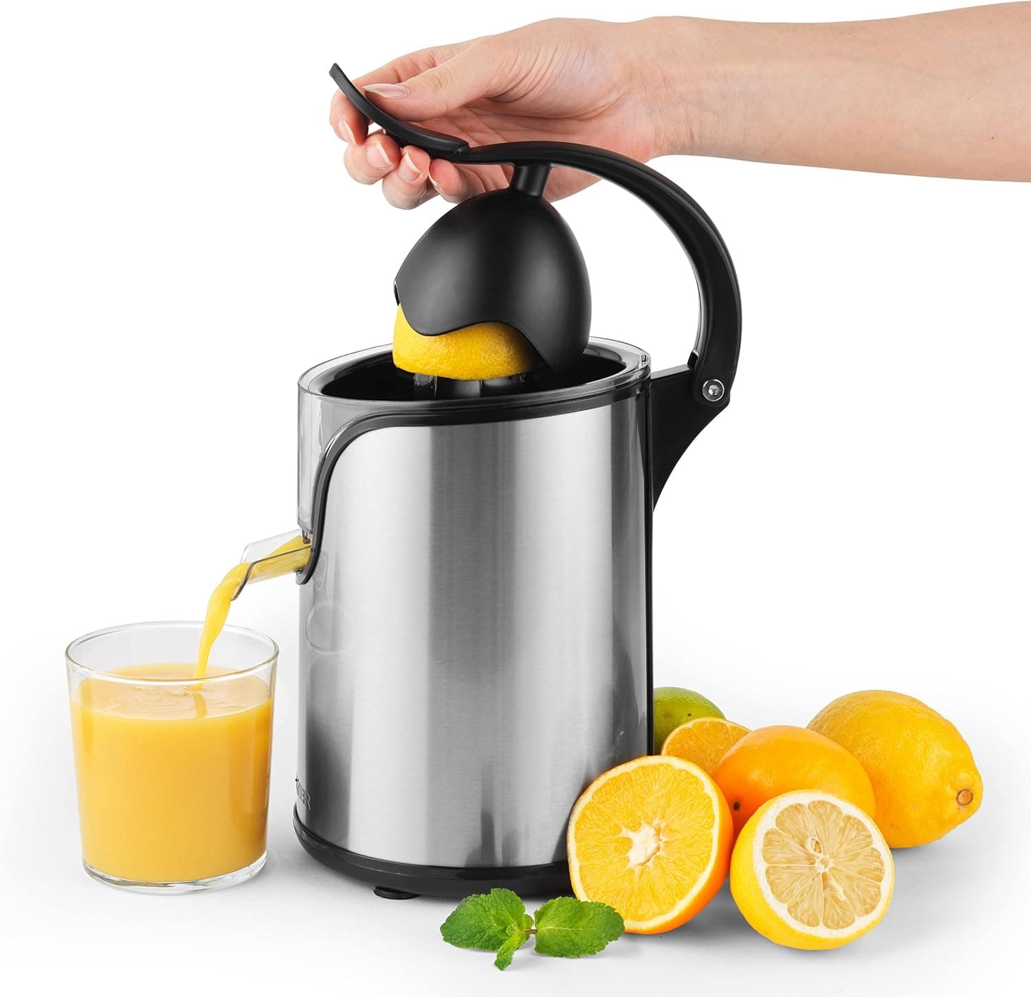 Petra PT5026VDEEU7 Espremedor de citrinos Deluxe, sumo de toranja, limão e laranja, 2 acessórios em forma de cone, funcionamento duplo, anti-gotejamento, sem BPA, alavanca, 100 W, aço inoxidável
