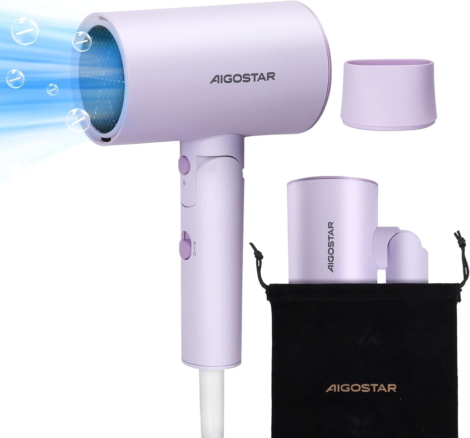 Aigostar Secador de cabelos para viagens, tecnologia iónica de 2100 W, 3 temperaturas/2 velocidades, proteção anti-escalda, roxo com saco de armazenamento