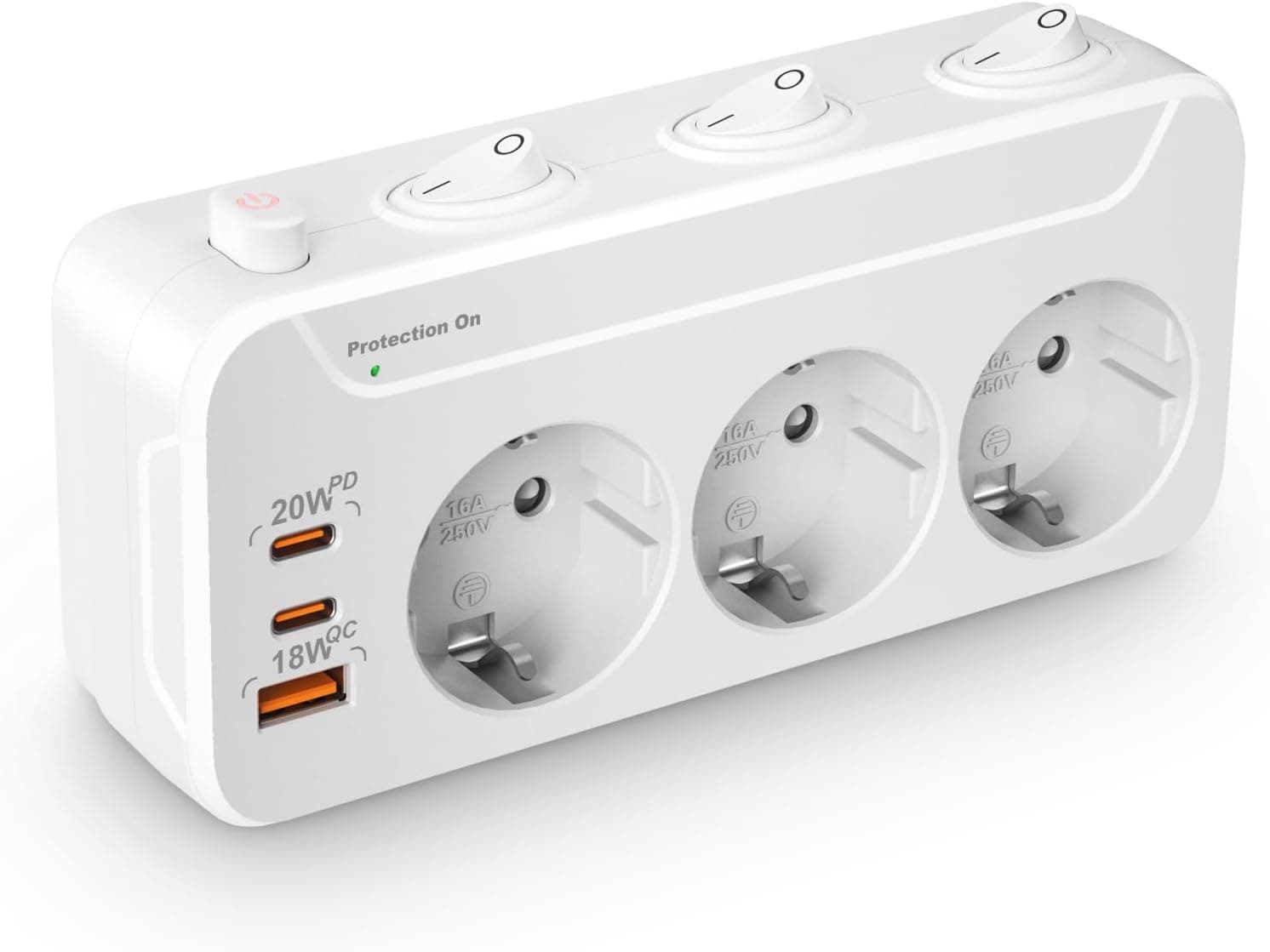 Extensão de tomadas com interruptor independente, PD20 W tomada tomadas adaptador 3 tomas, horizontal vertical rotativo ladrão triplo com terra 16 A proteção contra picos de tensão