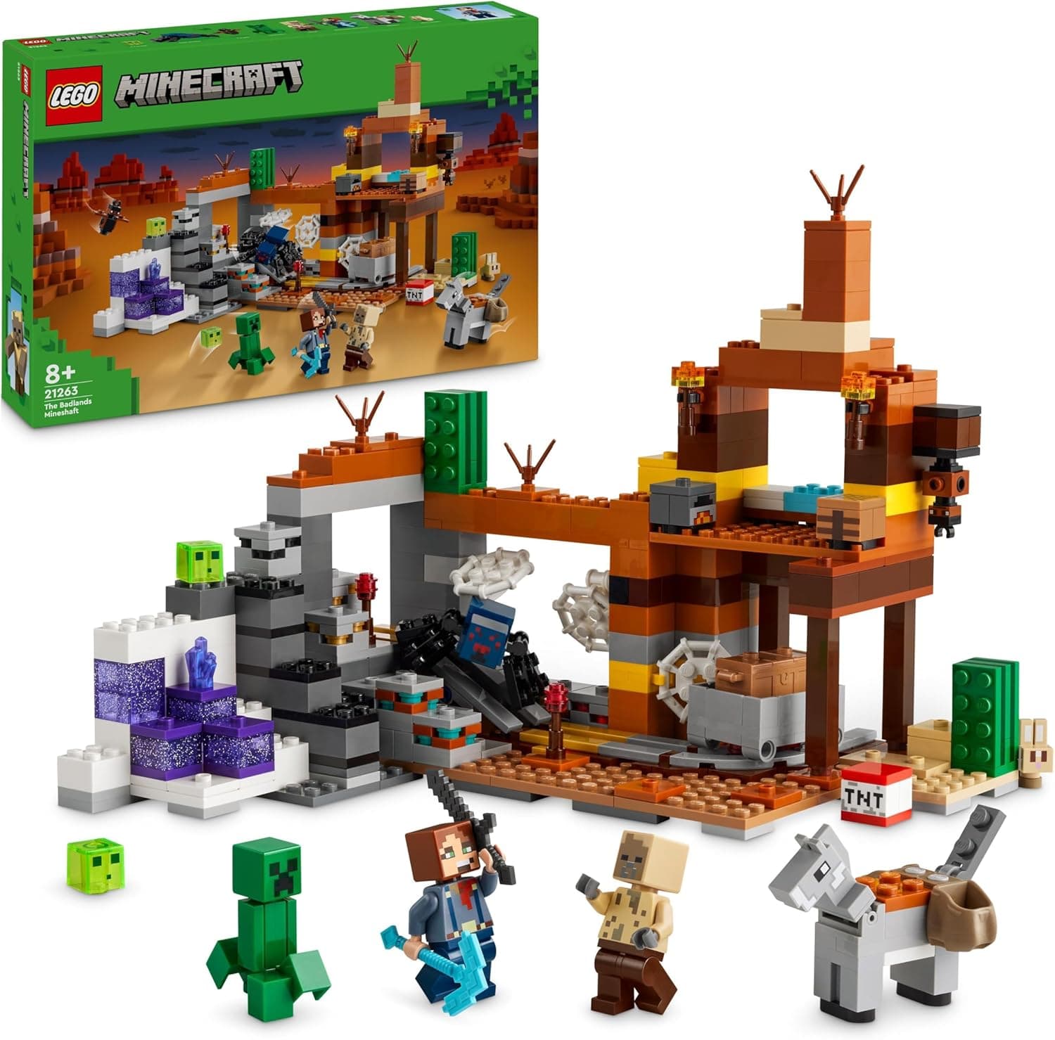 LEGO Minecraft O poço de mina dos páramos com morcego e coelho de brinquedo baseado em videojogo, figura de creeper, jogo criativo, presente Gamer para meninos e meninas de 8 anos ou mais 21263