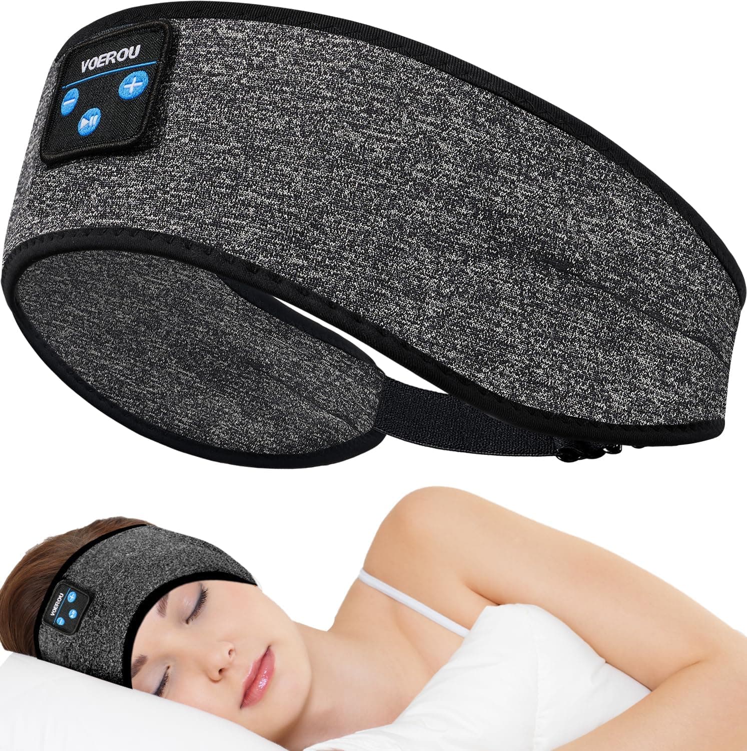 Voerou Auriculares para dormir auriculares Bluetooth com cabeça, auriculares ajustáveis para dormir, mais de 10 horas de tempo de reprodução com altifalantes estéreo HD Hi Fi, dormir