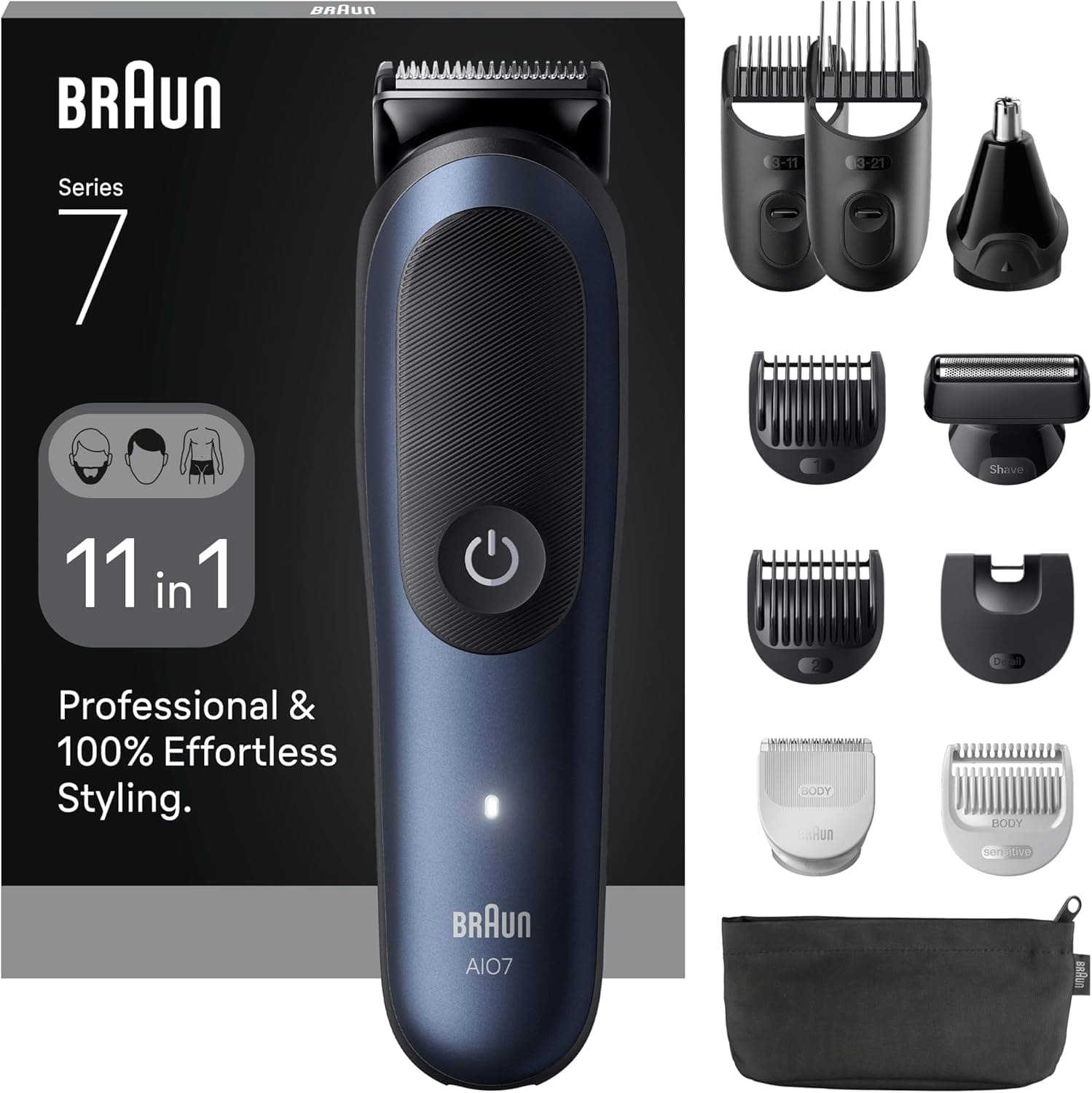 Braun - Corta-pelos tudo em um série 7, kit 11 em 1, folha ProBlade, tecnologia autoSense, 120 minutos de autonomia, proteção SkinGuard, barba gradiente, alça AquaGrip prática debaixo de água,