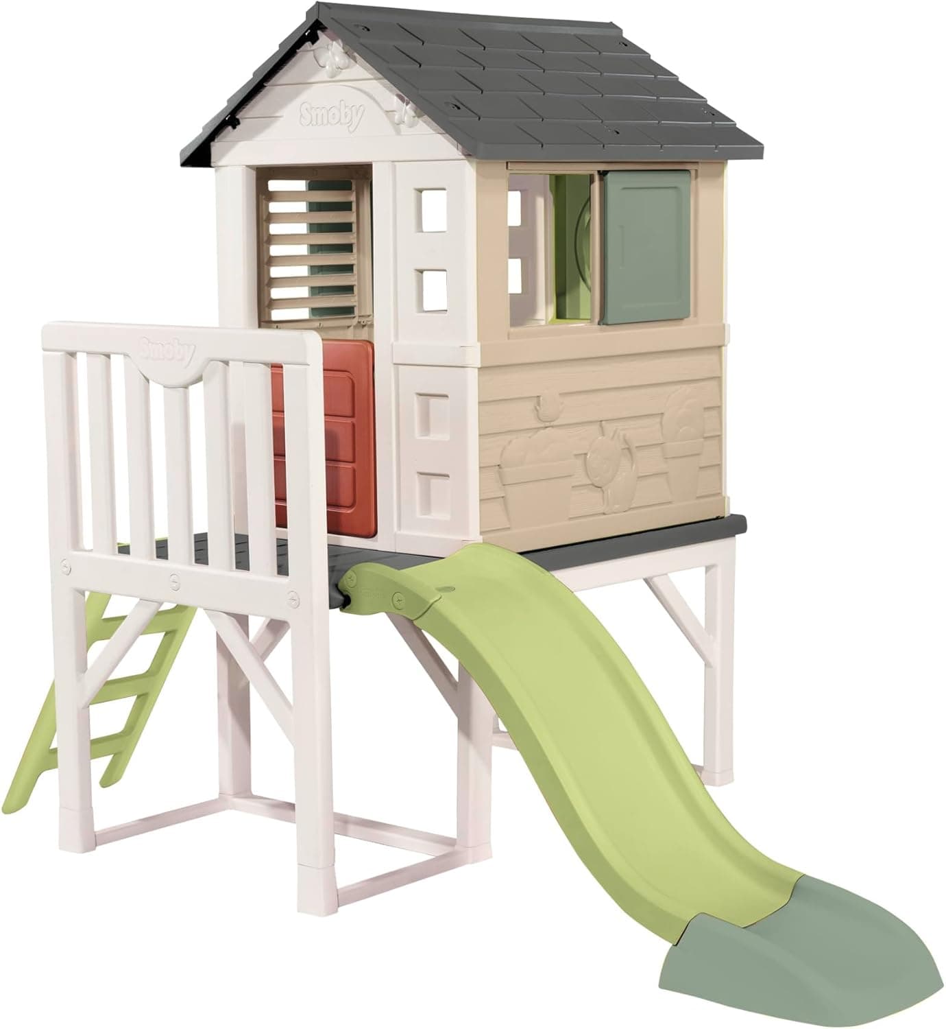 Smoby Life Casa de praia - casa exterior de jogos com plataforma de 70 cm, escorrega, janelas, porta baixa, escada, contrajanelas, proteção anti-UV, material reciclado, 2 anos (7600810802)