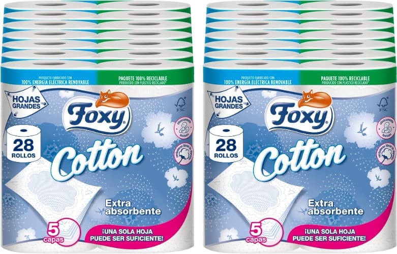 Foxy Cotton | Papel higiénico de 5 folhas com fibras de algodão, embalagem reciclável com 28 rolos x 2