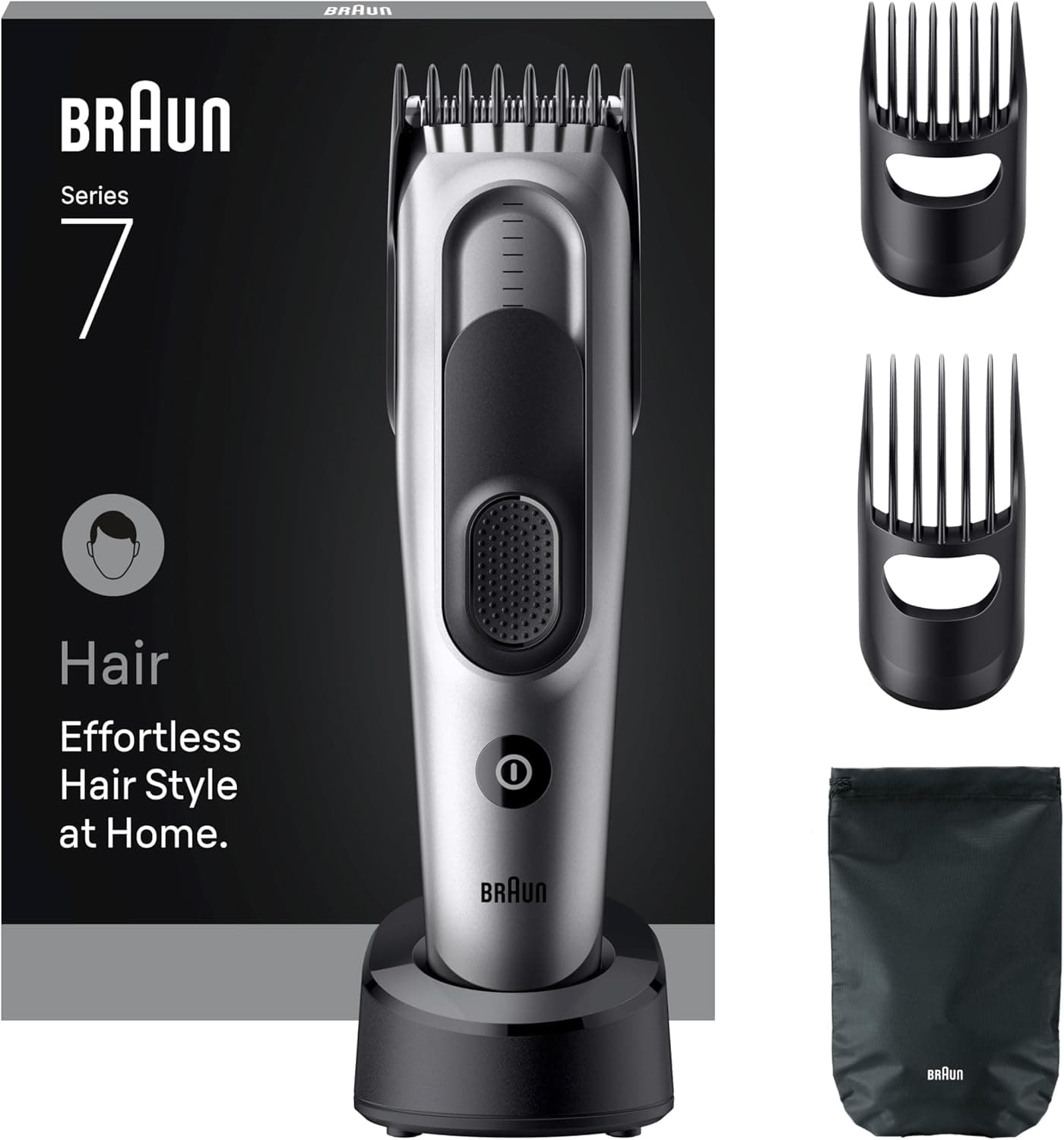 Braun Corta-pelos série 7 HC7590, máquina de cortar cabelo para homem, 5 acessórios de Styling, lâmina de corte ultra afiada, 17 comprimentos, 50 min de automonomia, lavável, cinzento