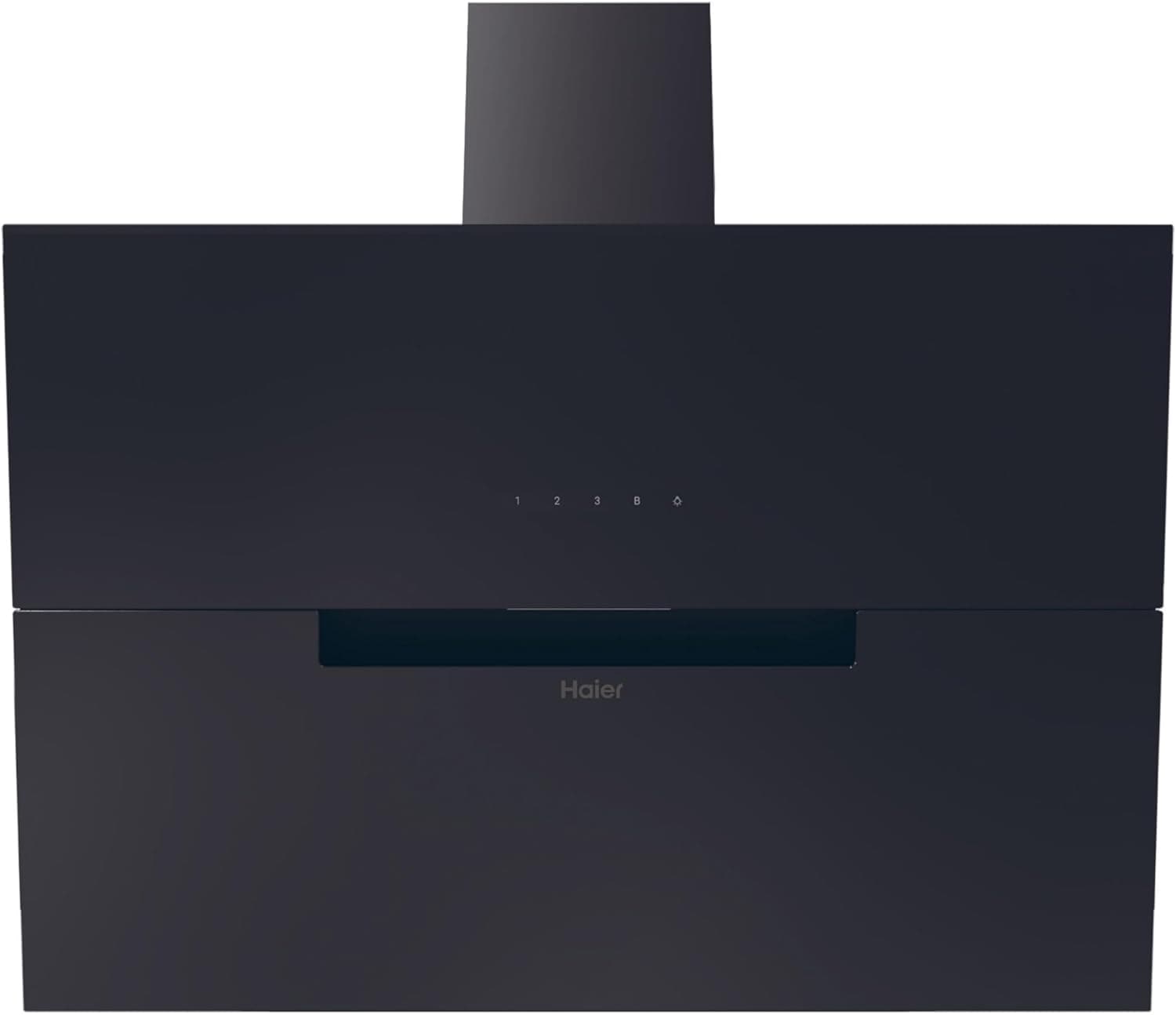 Haier I-Link HADG9CBS4B Extrator decorativo, 90 cm, potência 843 m3/h, motor 170W, 4 velocidades, 63 db, filtros carvão e filtros anti-gordura, luz LED, cristal preto