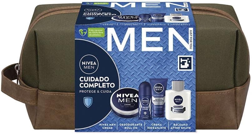 NIVEA Men Pack Complete Care | Conjunto de 4 produtos para homem com creme de rosto, hidratante corporal, after shave balm e desodorizante em bolsa de toilette