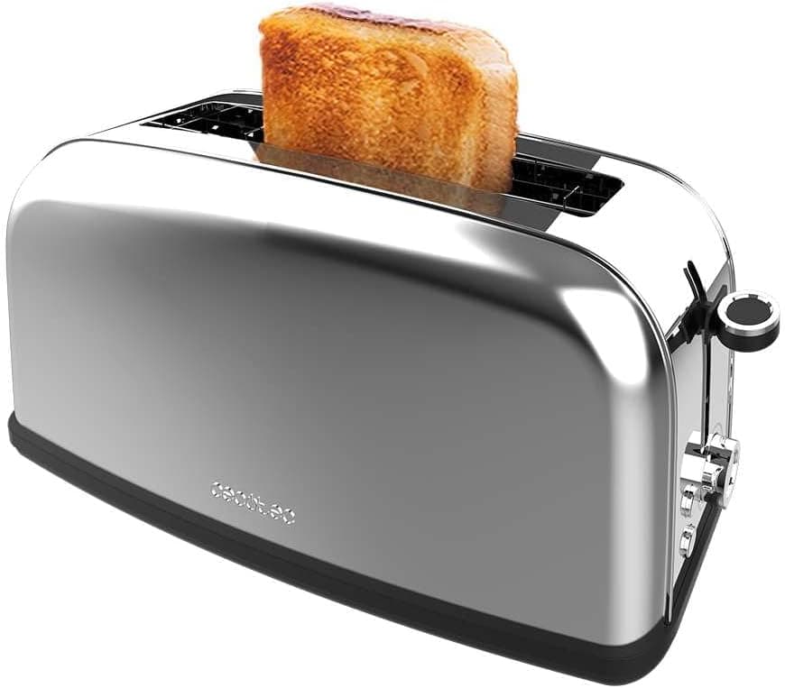 Cecotec Torradeira vertical 1 ranhura comprida Toastin' time 850 Inox Long Lite. 850 W, 2 fatias de pão, ranhura larga de 3,8 cm, suporte para rolos e bandeja de recolha, aço inoxidável
