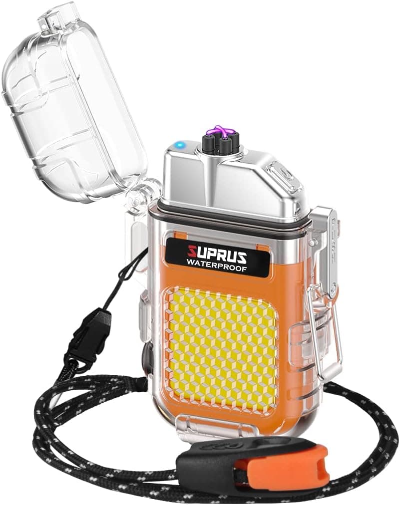 SUPRUS Isqueiro elétrico impermeável, 3 modos, lanterna à prova de vento, arco duplo, recarregável, isqueiro de plasma de arco duplo com apito de sobrevivência e alça para o pescoço
