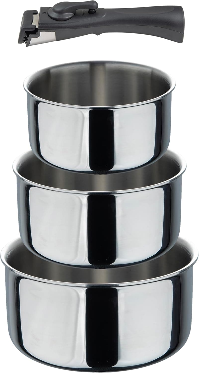 Bergner CLICK&COOK Conjunto de 3 cubos alça intercambiável, aço inoxidável sem revestimentos livre de tóxicos, indução compatível, cozinha, forno, serve, armazena, limpa e empilhável facilmente