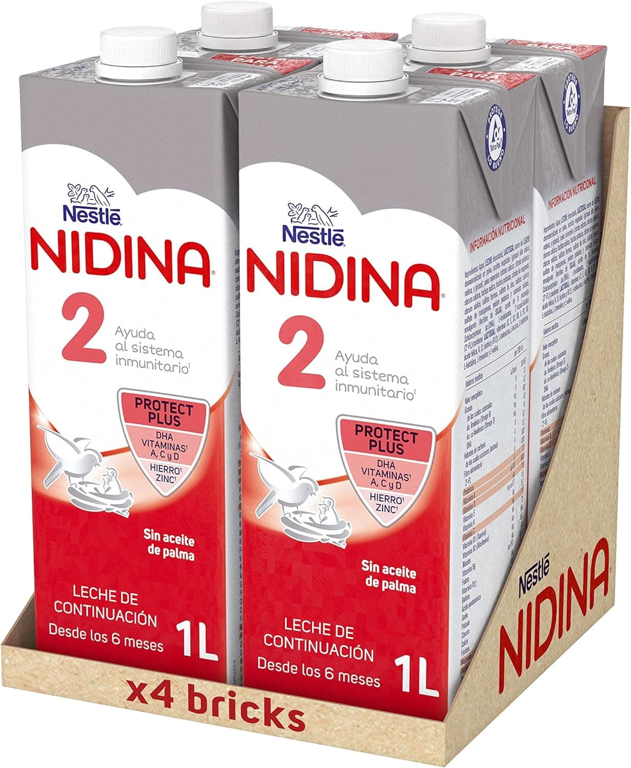Nestlé Nidina 2- Leite de continuação líquida para bebés a partir dos 6 meses, brik de 1 litro x 4 unidades