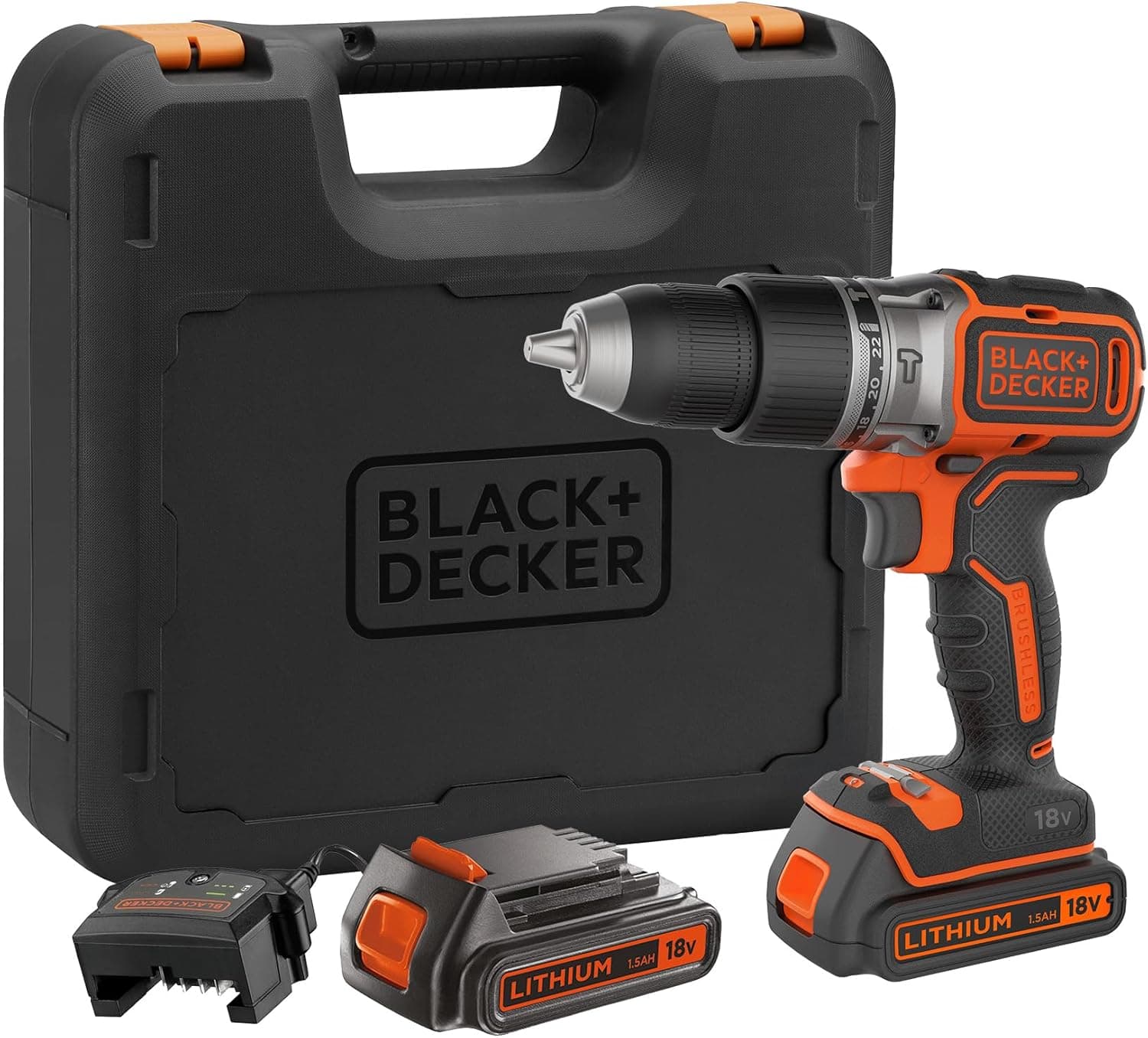 BLACK+DECKER Berbequim/perfurador percussor sem escovas 18 V, 2 velocidades, 28 000 BPM, 52 Nm, inclui 2 baterias de 1,5 Ah, carregador e caixa de ferramentas, BL188KB-QW