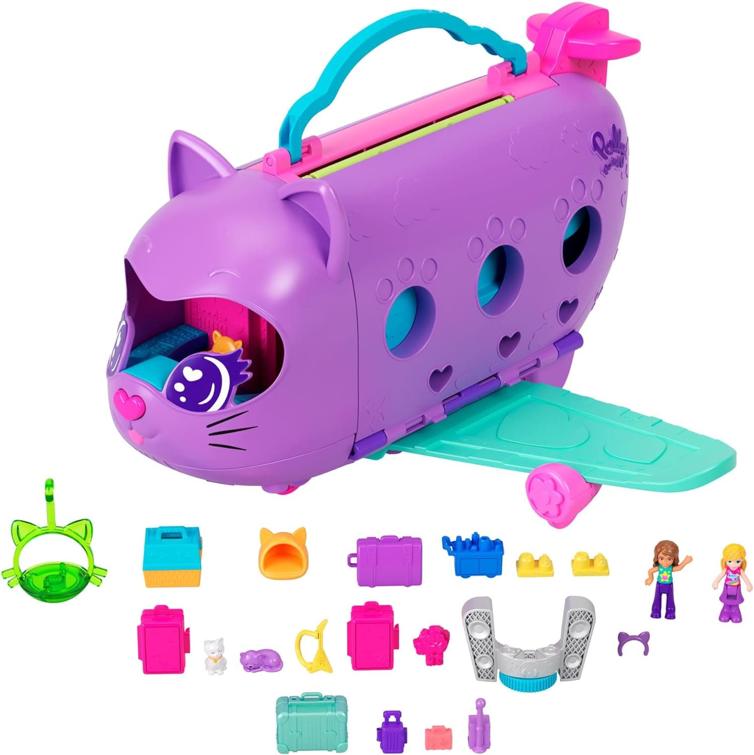 Polly Pocket Adventures in Rio Kitty Airways, peito em forma de avião, conjunto de conjunto para mini bonecas com 2 figras, animais de estimação e acessórios de viagem