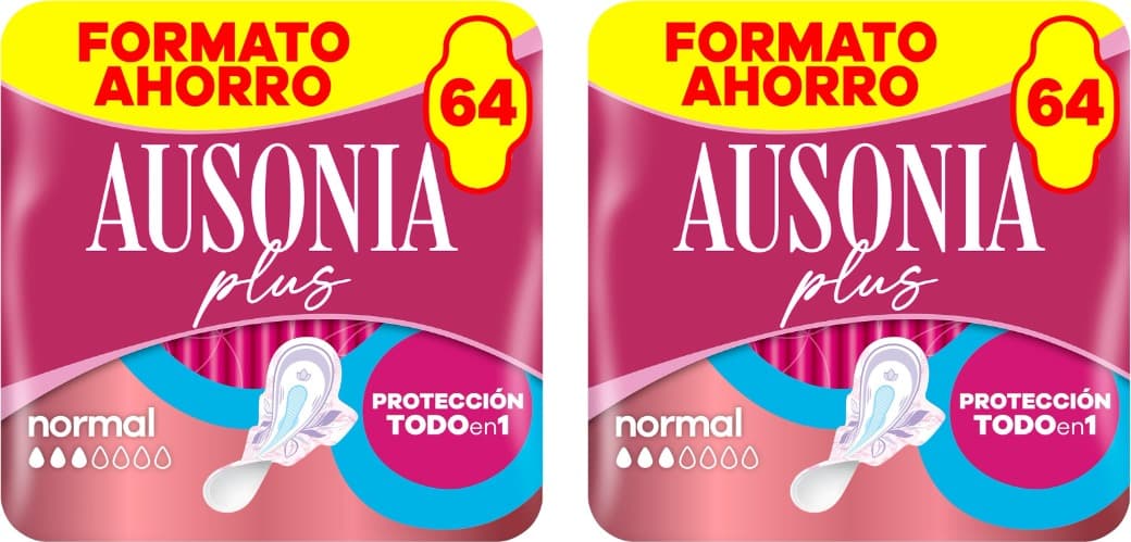 Ausonia Plus Normal, 64 pensos higiénicos com asas, 2 embalagens