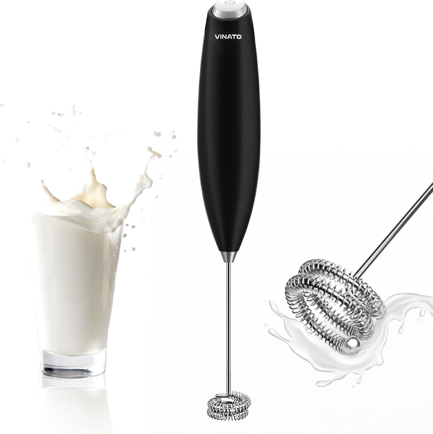 VINATO Espumador de leite, espumador de leite elétrico, batedor de aço inoxidável, funcionamento sem cabo, espumador de leite batedor de leite para café, lattes, cappuccino, matcha, chocolate