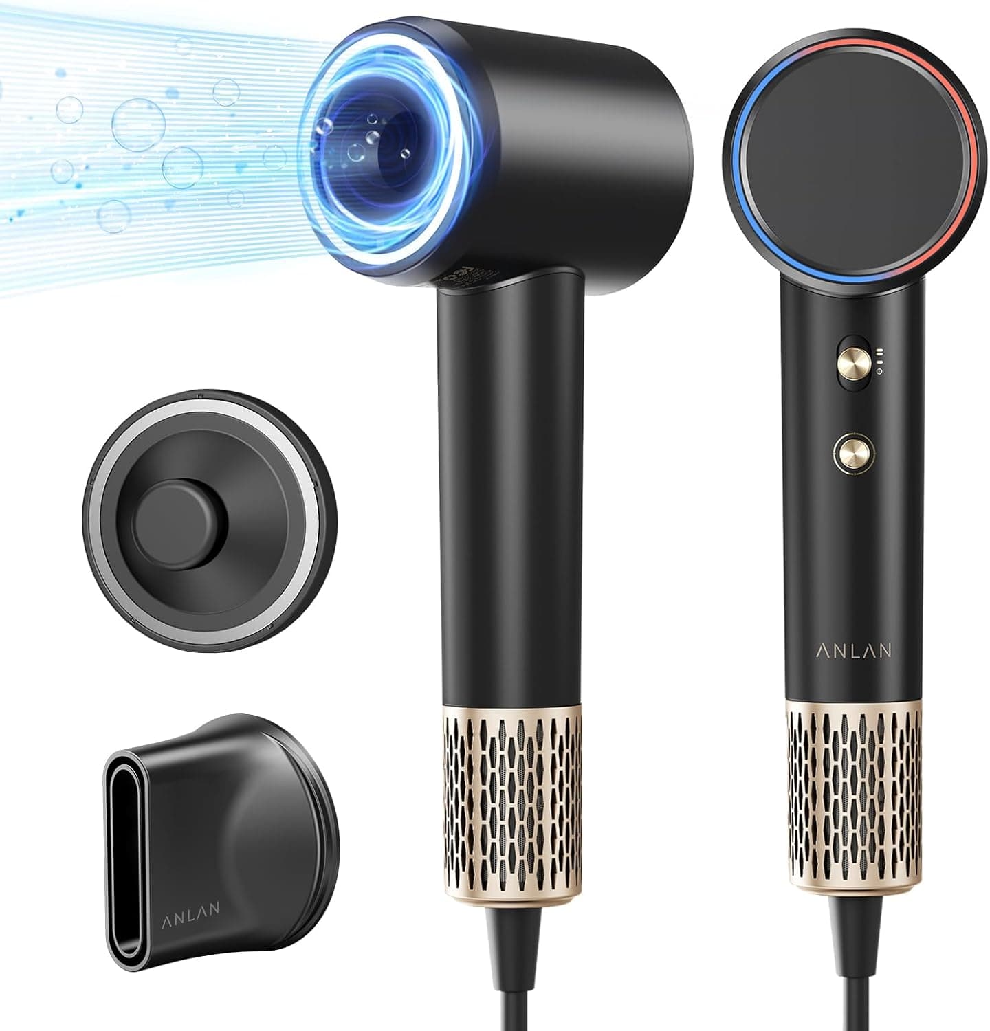 ANLAN 2400 W Secador de cabelo iónico, 3 min secador rápido, 100 milhões de iões de 100 / S controlo de temperatura, adequado para cabelo liso, preto