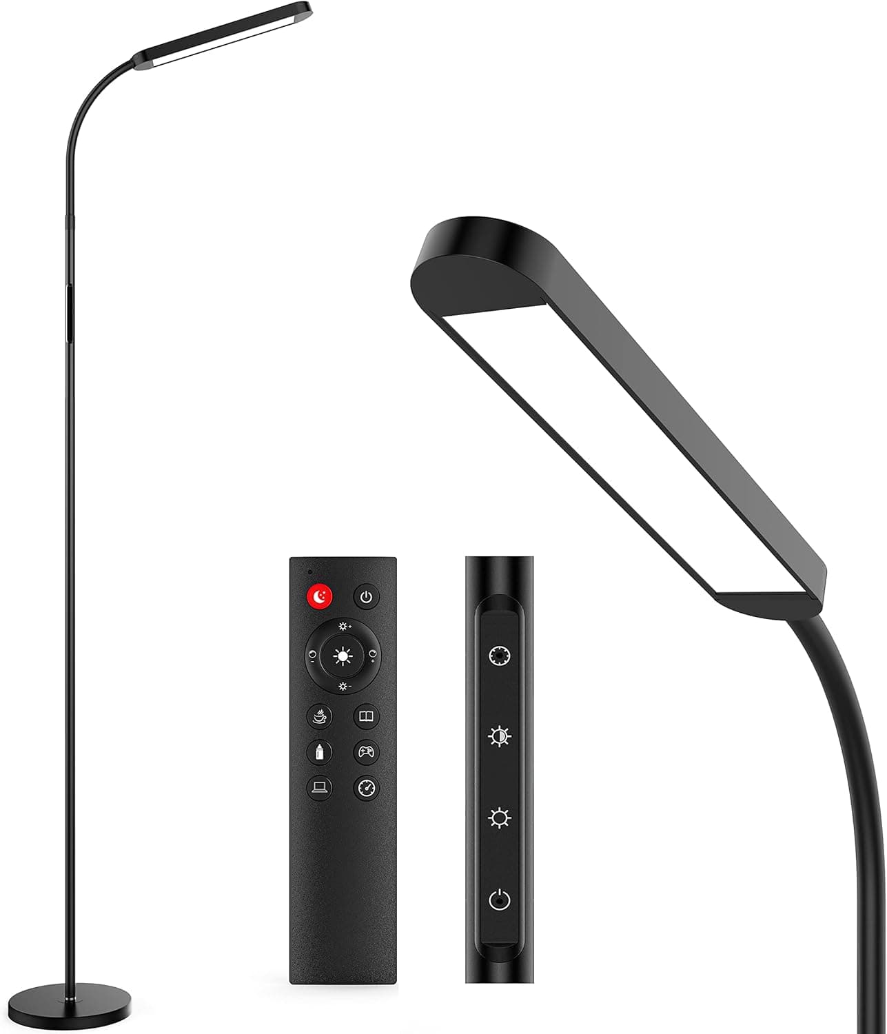 Candeeiro de pé LED regulável, 12 W candeeiro de leitura para sala de estar com temporizador de 1 h, candeeiro de pé regulável em cores e brilho com controlo remoto e tátil, couve de ganso ajustável