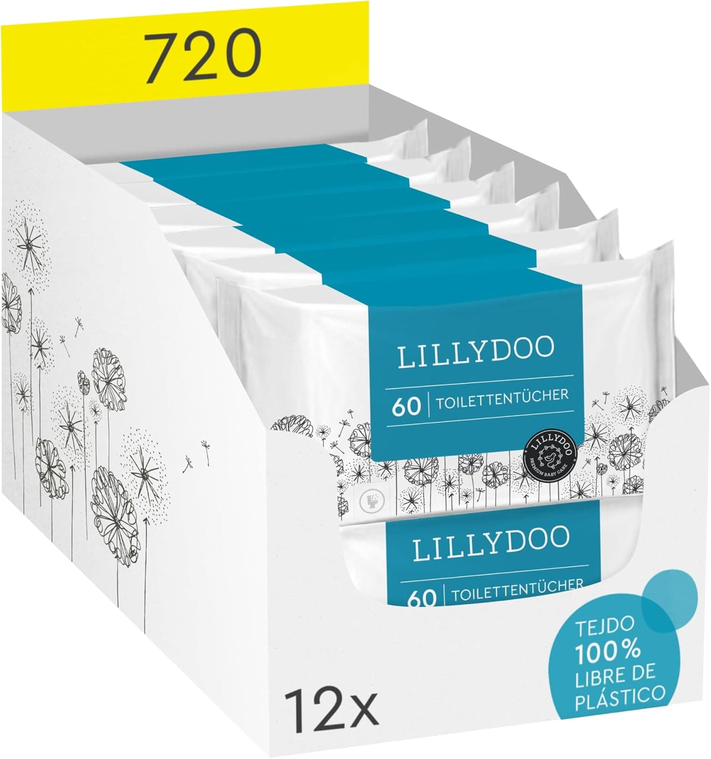 Toalhetes húmidos LILLYDOO, 350 unidades (7 x 50), 100% tecido livre de plástico, pano extragrande, sem perfume