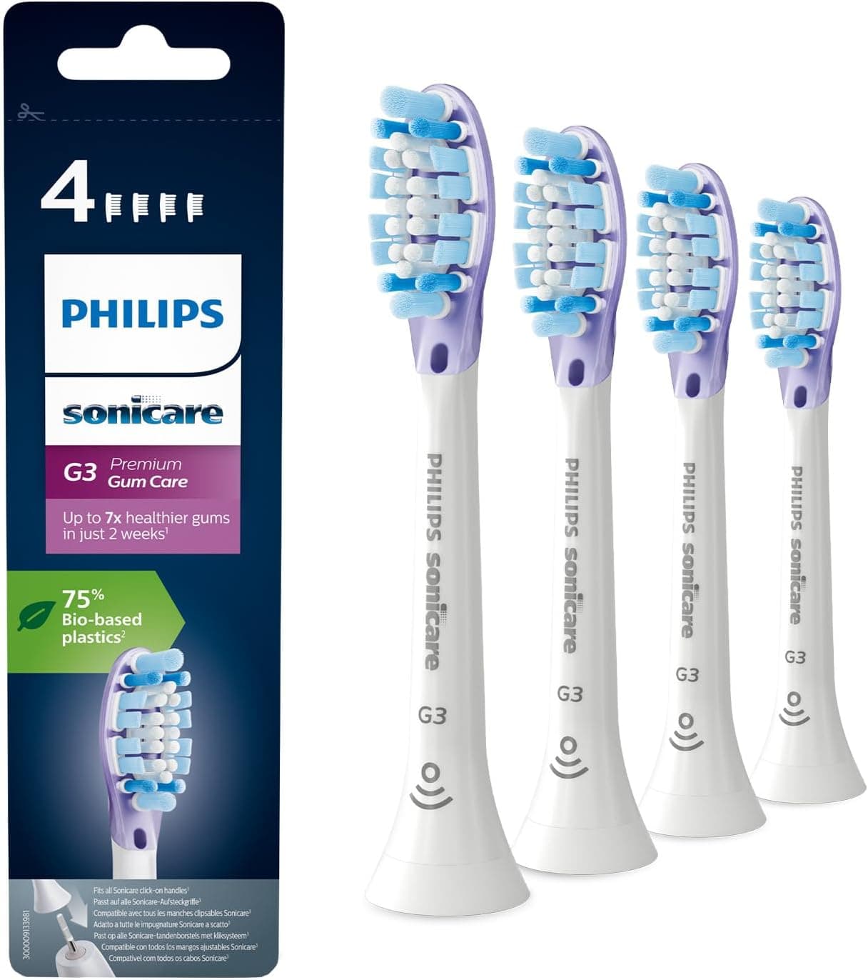 Philips Sonicare Cabeças originais G3 Premium Gum Care para escova de dentes elétrica sónica, embalagem de 4 unidades em branco (modelo HX9054/17)