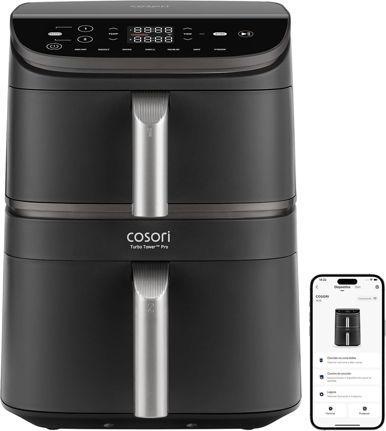 Cosori Turbo Tower Pro Smart Fritadeira de ar de 10,8 l, 2630 W, revestimento cerâmico seguro e cesta dupla, tecnologia avançada com motor DC e duplo laze, economia de energia e mais rápida, 7 funções