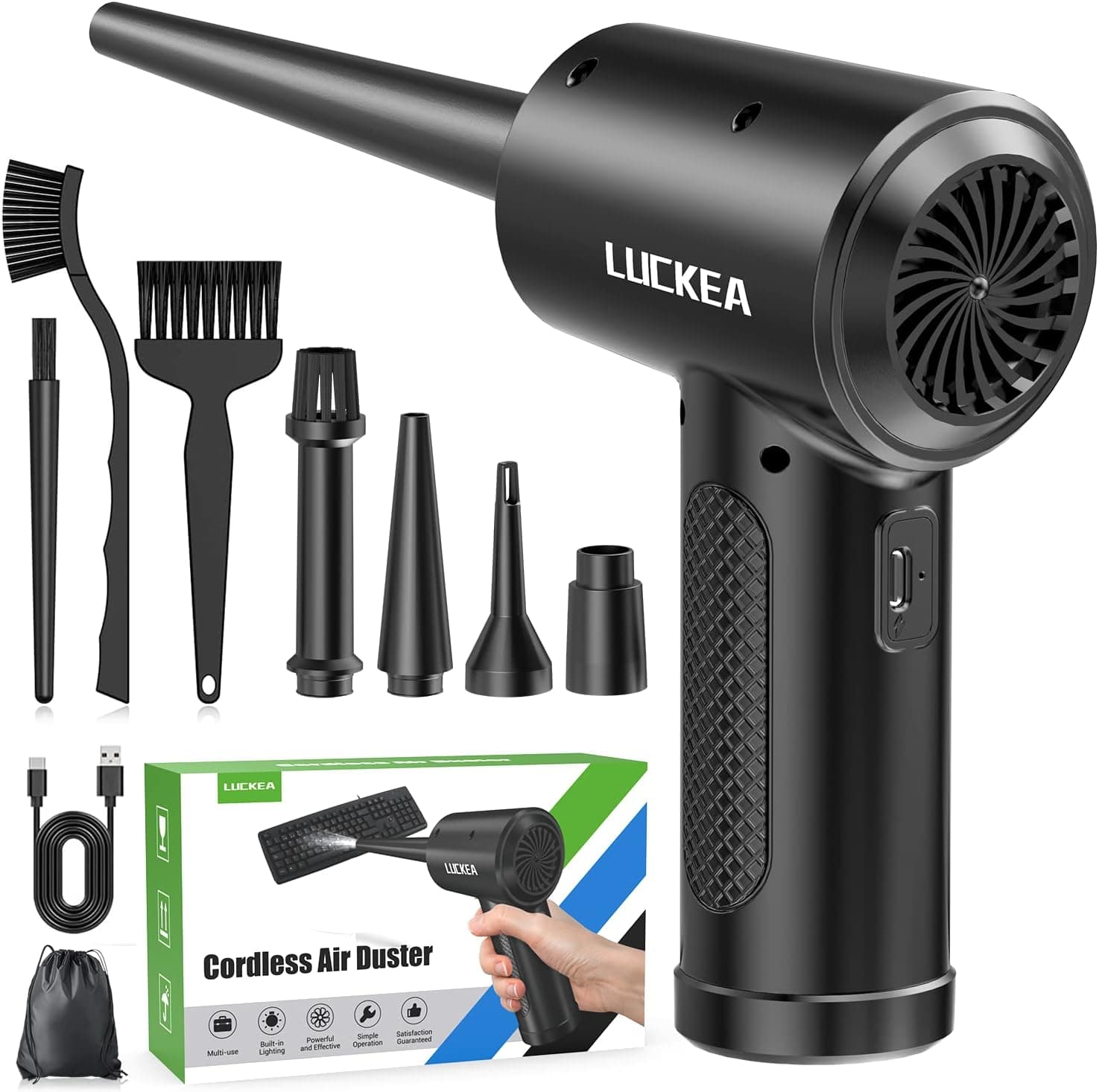 Ar comprimido limpeza PC Air Duster - 3 velocidades ventilador de ar potente com luz LED, 6000 mAh, soprador de pó para teclado carro escritório, alternativa ar comprimido