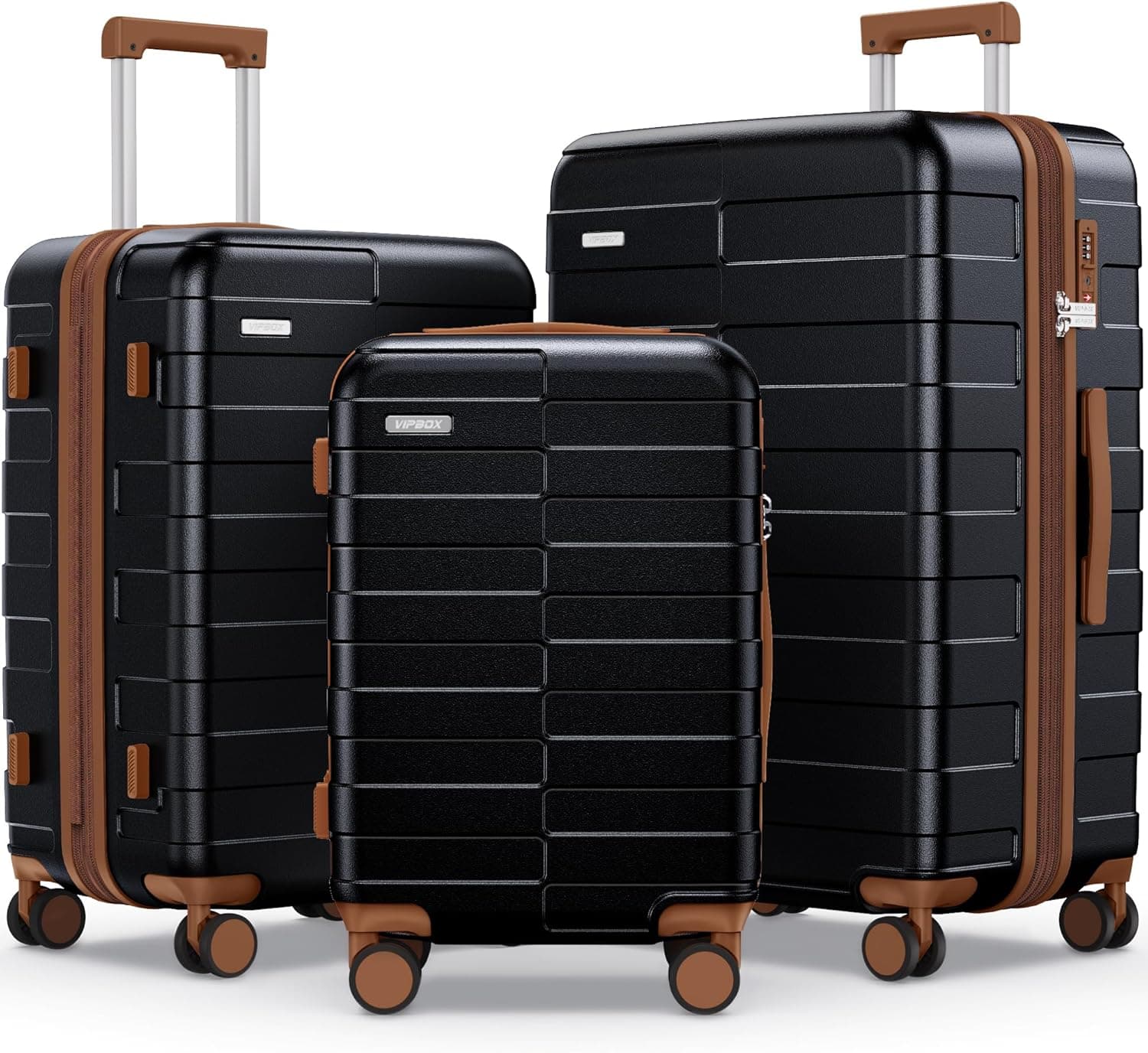 Vipbox Conjunto de malas rígidas de viagem 3 peças (3 anos de serviço VIP) policarbonato expansível conjunto mala Trolley leve durável com 4 rodas duplas giratórias e fechadura TSA, Preto premium